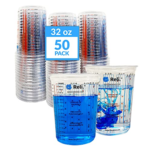 Reli. (50 Pcs) 32 oz (1 quart) Paint Mixing Cup | Disposable Measuring Cups | Clear Plastic Mixing | Use for Paint, Epoxy, Resin, Pigments (32oz)