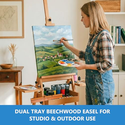 Falling in Art Large Wooden Painting Easel with Storage Drawer and Palettes, H-Frame Studio Easel Stand Holds Canvas up to 36 Inches, Suitable for Adults, Beginners, and Artists - style: Natural