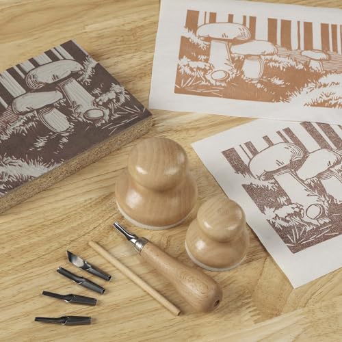 Creative Mark Linoleum Carving Tools Set with Ergonomic Beechwood Handle, 5 Tempered Steel Blades, Block Printing Linocut Tools for Soft Linoleum or Pine, Wooden Storage Box Included