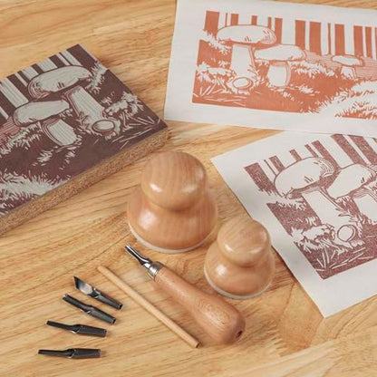 Creative Mark Linoleum Carving Tools Set with Ergonomic Beechwood Handle, 5 Tempered Steel Blades, Block Printing Linocut Tools for Soft Linoleum or Pine, Wooden Storage Box Included