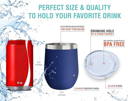 CHILLOUT LIFE 12 oz Stainless Steel Wine Tumbler with Lid - Double Wall Vacuum Insulated Wine Cup Glass Keeping Cold & Hot for Coffee, Champagne, Cocktails, Ice Cream - Powder Coated Navy Blue - color: Navy Blue, style: 1 Pack