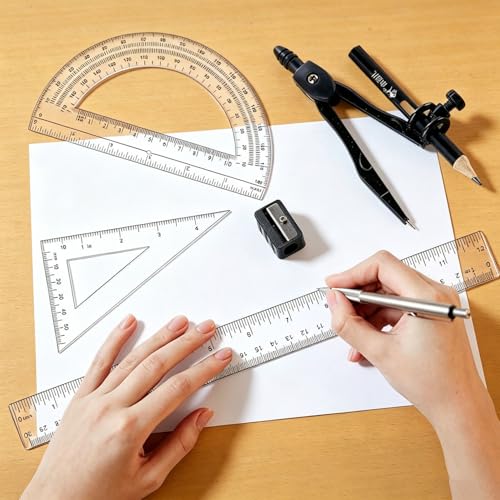 6 Pcs Plastic Geometry Math Set, 12 Inch Ruler, Compass, Sharpener, Pencil,Protractor & Square for Student School Office