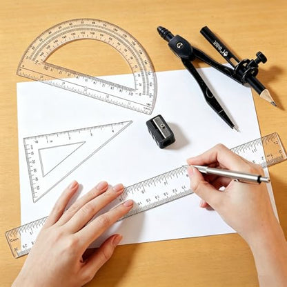 6 Pcs Plastic Geometry Math Set, 12 Inch Ruler, Compass, Sharpener, Pencil,Protractor & Square for Student School Office
