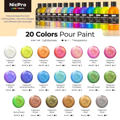 Nicpro 20 Colors Iridescent Metallic Acrylic Pour Paint Supplies Kit 8.45oz | Large Ready to Pour Premixed High Flow Pouring Paint Set with Silicone Pouring Oil, Gloves, Instructions for Beginner DIY - color: 20 Colors