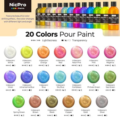 Nicpro 20 Colors Iridescent Metallic Acrylic Pour Paint Supplies Kit 8.45oz | Large Ready to Pour Premixed High Flow Pouring Paint Set with Silicone Pouring Oil, Gloves, Instructions for Beginner DIY - color: 20 Colors