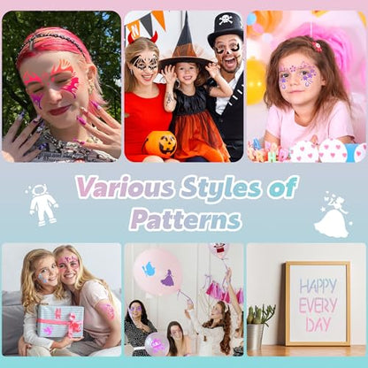 Face Paint Stencils, Includes 50 Reusable Face Painting Stencils, 8 Sheets Tattoo Templates Stickers for Halloween Festival DIY Body Art Makeup Party Temporary Tattoo (58PCS)
