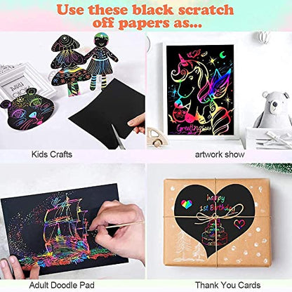 Mocoosy 60 PCS Rainbow Scratch Art Paper for Kids, Magic Scratch Paper Off Set Art and Craft Supplies, Black Scratch Pads Party Game Activities Birthday Gifts for Girls Boys 3 4 5 6 7 8 9 Years Old