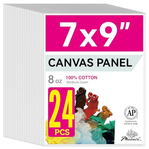 PHOENIX Painting Canvas Panels 7x9 Inch, 24 Bulk Pack - 8 Oz Triple Primed 100% Cotton Acid Free Canvases for Painting, White Blank Flat Canvas Boards for Acrylic, Oil Paints - color: White - Bulk Pack, size: 7" x 9"