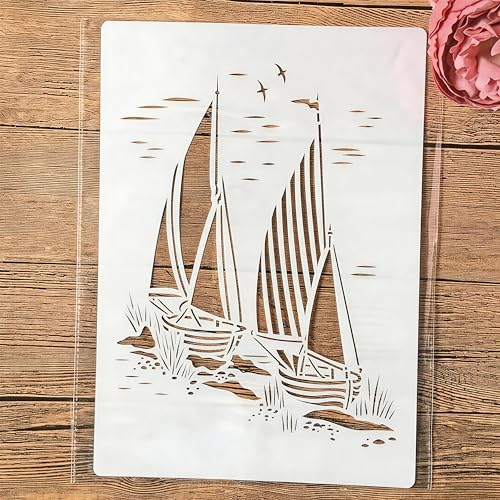 TIAMECH A4 Reusable Sailboat Stencil for Painting | Nautical Navy Sail Seagull Layering Template, DIY Wall Art, Wood Furniture, Scrapbook & Crafts (8.3x11.7inch) - style: Sailing