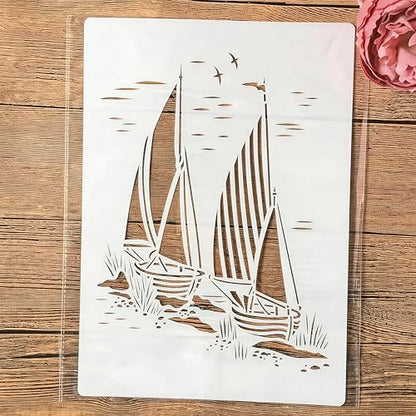 TIAMECH A4 Reusable Sailboat Stencil for Painting | Nautical Navy Sail Seagull Layering Template, DIY Wall Art, Wood Furniture, Scrapbook & Crafts (8.3x11.7inch) - style: Sailing