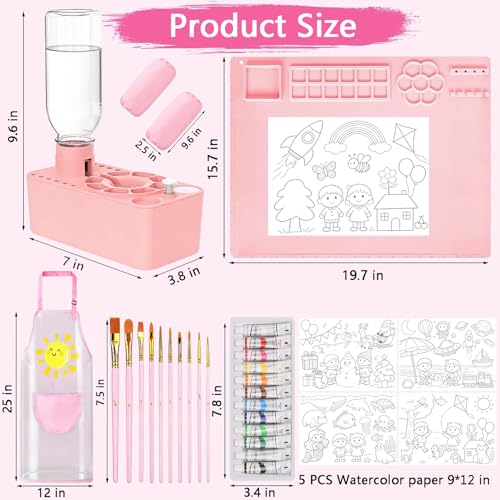 Elisel Painting Station,5 IN 1 Art Paint Supplies Kits,Paint Brush Cleaner (Upgraded),Silicone Painting Mat 12 Colors Paint Set,10 Paint Brushes,Painting Apron for Kids Artist Beginners (Pink, 5) - color: Pink