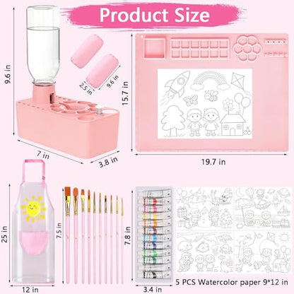 Elisel Painting Station,5 IN 1 Art Paint Supplies Kits,Paint Brush Cleaner (Upgraded),Silicone Painting Mat 12 Colors Paint Set,10 Paint Brushes,Painting Apron for Kids Artist Beginners (Pink, 5) - color: Pink