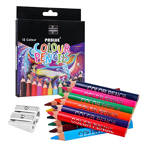 Triangular Jumbo Color Pencils, Short Fat Pre-Sharped Colored Pencils with Pencil Sharpener and Eraser,Gift for Student Drawing and Doodling（12 Colors）