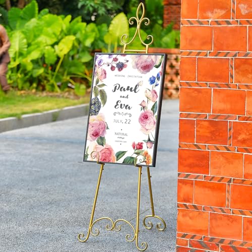61”H x 20”L x 24”W Metal Extra Large Free Standing Display Stand Easel, Gold Scroll Floor Easel Stand for Sign Wedding Mirror Picture Frame, with Adjustable Chain