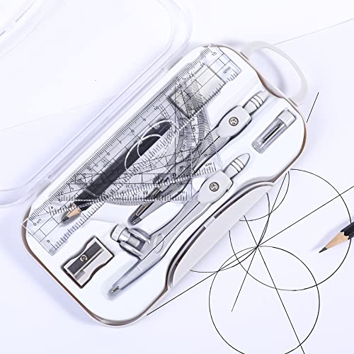 Unjoo Math Geometry Sets 10 Piece Student Supplies with Shatterproof Storage Box,Includes Rulers,Protractor,Compass,Eraser,Pencil Sharpener,Lead Refills,Pencil,for Drafting and Drawings（Grey） - color: Grey