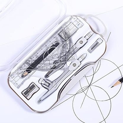 Unjoo Math Geometry Sets 10 Piece Student Supplies with Shatterproof Storage Box,Includes Rulers,Protractor,Compass,Eraser,Pencil Sharpener,Lead Refills,Pencil,for Drafting and Drawings（Grey） - color: Grey