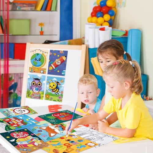 Anseal 12 Packs Pre Drawn Canvas to Paint, Back to School Pre Printed Canvas for Kids, Pre Stretched Canvas Outline Painting Boards for Beginners, Students, Party Favor（ 5" X 7"） - color: School