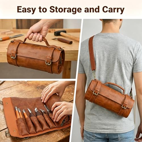 Tekchic Wood Carving Kit Deluxe-Whittling Knife, Wood Carving Knife Set, Wood Whittling Kit for Beginners, Carving Knife Woodworking Wood Carving Tools Set with Large Leather Case - color: Brown