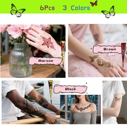Temporary Tattoo Stencils Kit-Reusable 12 Large Sheets, 78 Unique Designs-6 Tattoo Cones 3 Colors (Brown/Black/Maroon) with Brush & Wipes for Adults, Teens, Beginners,Family Fun Party - color: A-6Pcs