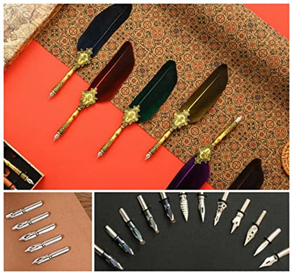 Joyeee Quill Pen Calligraphy Pen Set, Feather Dip Pen Set with Wood Dip Pen, 17 Different Size Comic Pen Nibs, Metal Sealing Wax Stamp and Dip Pen Holder, Wax Seal Sticks, Black Ink, Navy Blue - color: #109 Navy blue