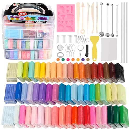 CiaraQ 60-Color Polymer Clay Oven Bake Modeling Kit | 12 sculpting tools, 3-layer storage box, acc. pack, guide. Great for school, home, gifts, kids & artists. - color: 60 Colors, size: 28g / pcs