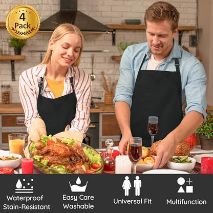 4 Packs Chef Apron, Black Waterproof Apron, Adjustable Aprons with 2 Pockets for Men Women, Professional Aprons for Kitchen Cooking Gardening Painting Baking Restaurant (Black) - color: Black