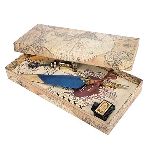 Quill Pen Set with Real Feathers, Dip Pen for Calligraphy Writing, Vintage Antique Ink Pen Set with 6 Nibs, Wax Seal Stamp and Pen Holder for Students Teachers Gift (Blue) - color: Blue