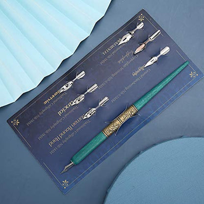 Calligraphy Oblique Nib Pen Point Holder, English Calligraphy Pen Nib Holder Antique Copperplate Script Handed Dip Pen + 6 Flat Nibs(2)