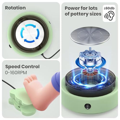 Skirfy Mini Pottery Wheel for Beginners Adults with Foot Pedal9.5"Ceramic Machine for Kids Art Craft Glow in Dark Kits 2.2LB Air-Dry Clay,Carving Tools Adjustable Speed,DIY Projects Birthday Gift - color: Green