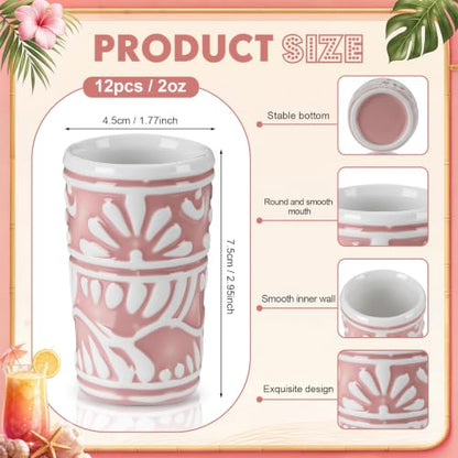 Gejoy 12 Pcs Mexican Tequila Shot Glasses Set 2 oz Talavera Handmade Ceramic Cups with Vibrant Hand-painted Pattern Mexican Pottery Gifts for Tequila Mezcal Lover Bachelorette Party Home Bar(Pink)