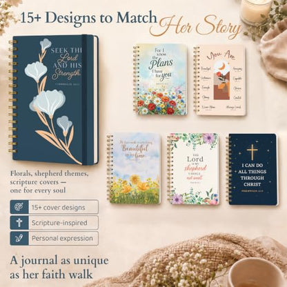 Hardcover Blank Christian Notebook – 140 Pages – Seek the Lord | Lined Pages with Bible Verse Cover – Inspirational Writing Spiral Notebook for Bible Study, 1 Chronicles 16:11 - color: Blue