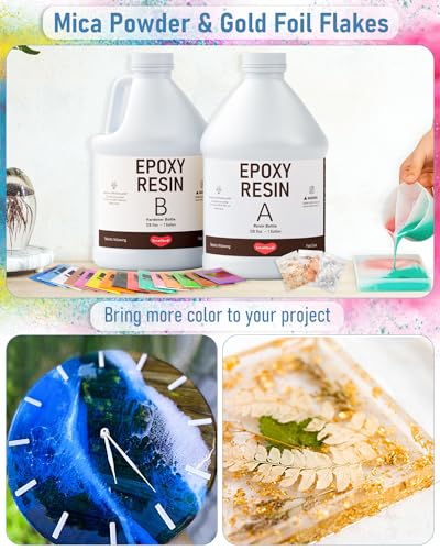 Smallbudi 2 Gallon Epoxy Resin Kit with 36 Colors Mica Powder, Gold Foil, Cups & Stick, Crystal Clear Resin Beginner Supplies for Coating Casting Table, Molds, Jewelry Making, DIY Art Craft, 1:1 Ratio - size: 2 gallon