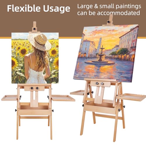 Large Horizontal Wooden H-Frame Studio Easel with Storage Drawer and Palettes, Solid Beechwood Painting Easel for Students, Beginners, and Artists, Hold Canvas to 50Inches High - style: Horizontal Natural