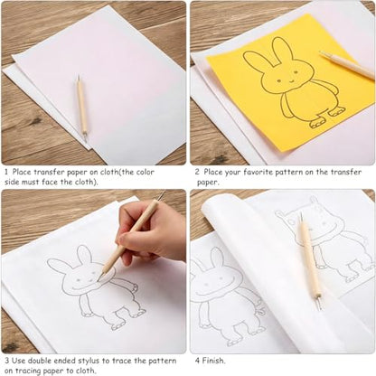 150 Sheets White Carbon Graphite Transfer Paper A4 Size Tracing Carbon Copy Graphite Paper with 5 Embossing Stylus Tracing Stylus Dotting Tools for Cloth Fabric Embroidery and Wood