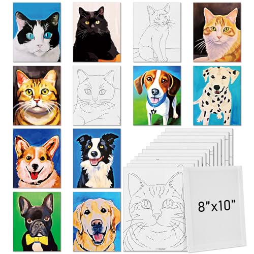Tinlade 12 Pcs 7.9 x 9.8 Inch Pre Drawn Canvases for Painting Pre Stretched Canvas DIY Coloring Outline Painting Boards for Beginners Adults (Cats and Dogs) - size: Cats and Dogs