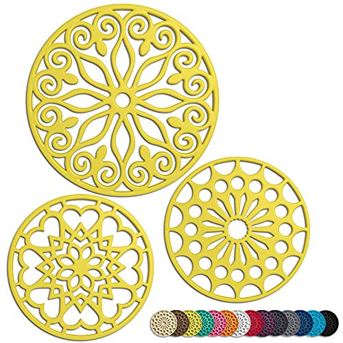 3 Set Silicone Trivet Mats with 1 Extra Large Included | Intricately Carved Insulated Flexible Durable Non Slip Thick Round Premium Trivets for Hot pots and Pans | Vintage Yellow - color: Yellow Submarine