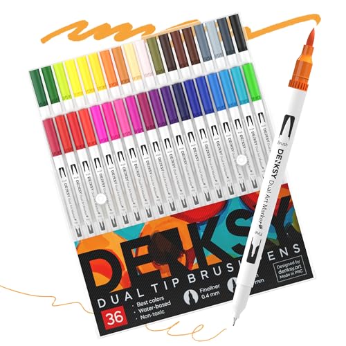 36 Watercolor Markers Set | Water Color Pens with Brush & Fineliner, Water-Based Art Markers | Dual Tip Markers for Adult Coloring, Lettering, Calligraphy, Sketching, Journaling & Illustration - color: White