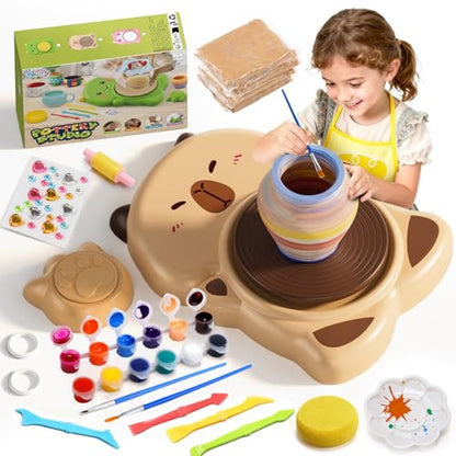 Skirfy Mini Pottery Wheel Machine Kit for Beginners Kids with Light,Electric Ceramic Wheel with Foot Pedal&Painting Kit, Adjustable Speed,Clay Spinner DIY Tools for Art Craft Birthday (Brown) - color: brown