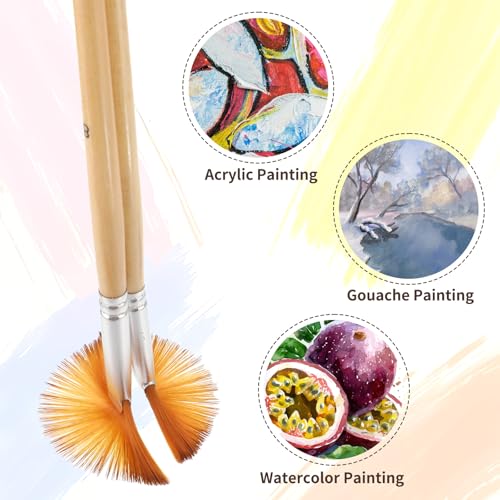 Fan Brush for Painting, 5 Pcs Fan Brush Set Long Wood Handle Paint Brushes Soft Anti-Shedding Professional Artist Painting Brushes for Acrylic Oil Watercolor Gouche Kits(2#, 4#, 6#, 8#, 10#)