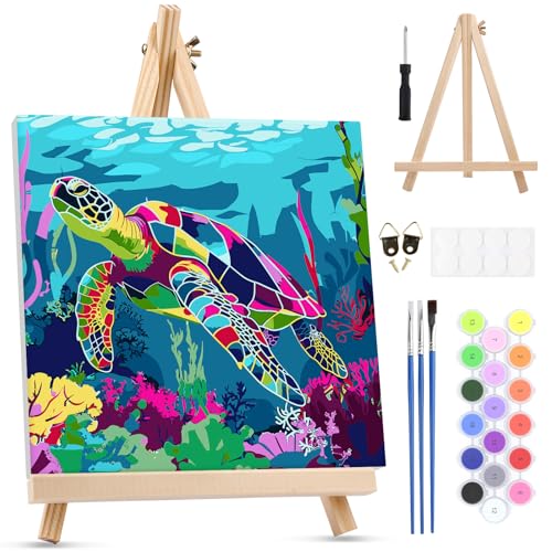 MXJSUA SeaTurtle Framed Paint by Numbers Kit for Adults Beginner with Wooden Easel, Adults' Paint-by-Numbers on Canvas, Easy DIY Acrylic Number Painting for Home Decor Gifts, 10x10 inch - color: SeaTurtle
