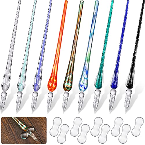 Outus 9 Pieces Glass Dip Pen Handmade Glass Signature High Borosilicate Crystal Vintage Dip Pen with 9 Pieces Penholder for Writing Drawing Calligraphy(Fashion Style,Mixed Color) - color: Mixed Color, style: Fashion Styl