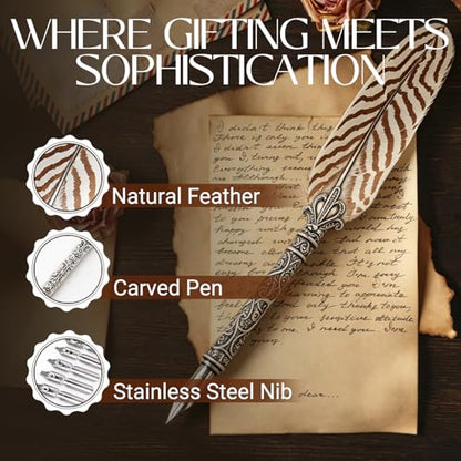 Joyeee Writing Quill and Ink Set, With Stainless Steel Replaceable Nibs, Sliver Metal Carving Pen Holder, Feather Pen Ink for Beginners and Calligraphy Enthusiasts, Retro Writing and Drawing Tool - color: Beige Quill Pen Set
