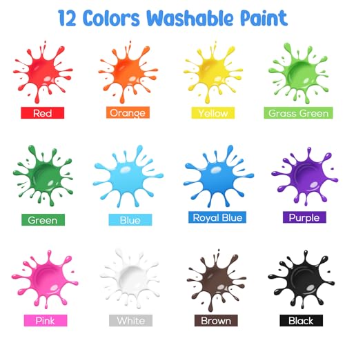 ABEIER Washable Kids Paint, Safe Non-Toxic Finger Paint, 12 Vibrant Colors(2 fl oz) with 3 Paint Brushes, Mess-Free Arts & Crafts Supplies for Toddlers & Grandkids, Ages 3, 4, 5