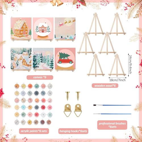 YooNotee 12 Pack Valentine's Day Paint by Numbers Kit - 8 x 8 Inches Pink Themed DIY Canvas with Wooden Display Easel, Brushes and Paints 6 Designs for Adults Family Holiday Decor - style: Snow