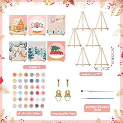 YooNotee 12 Pack Valentine's Day Paint by Numbers Kit - 8 x 8 Inches Pink Themed DIY Canvas with Wooden Display Easel, Brushes and Paints 6 Designs for Adults Family Holiday Decor - style: Snow