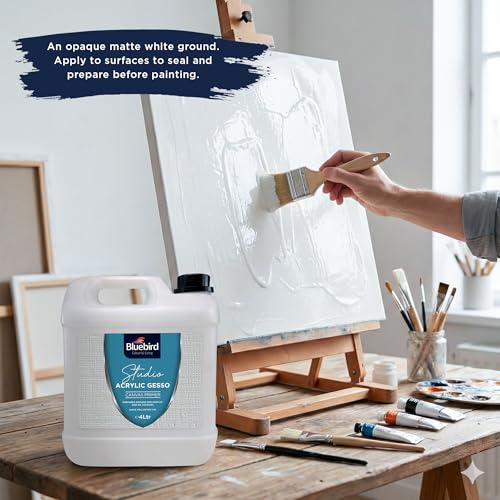 BLUEBIRD Studio Acrylic Gesso - Liquid Gesso Primer for Arylic Painting, Surface Prep Medium (White, 135.2 Fl Oz)