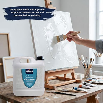 BLUEBIRD Studio Acrylic Gesso - Liquid Gesso Primer for Arylic Painting, Surface Prep Medium (White, 135.2 Fl Oz)