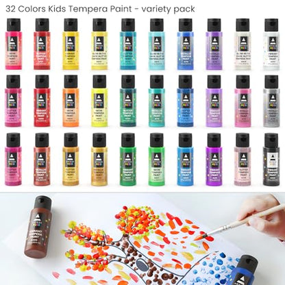 ARTEZA 32 Tempera Paint, 2.03oz/60ml Bottles, Washable Tempera Paint for Kids, Includes Neon, Glitter & Glow-in-The-Dark