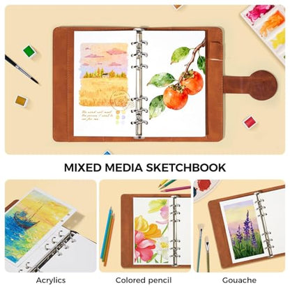 Lightwish Watercolor Sketchbook 100% Cotton, 300gsm (140lb) - 6.69" x 3.94" Hot Press Watercolor Paper Journal Notebook - 20 Sheets with PU Leather Cover for Drawing Mixed Media - color: brown