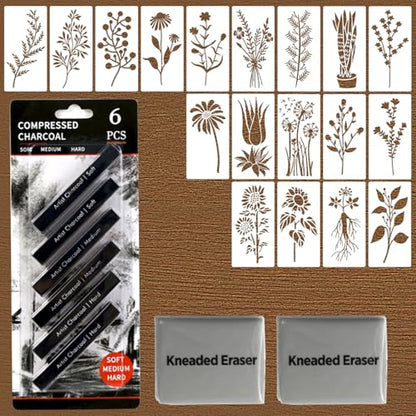 26 pcsPainting Set for Beginners and Artists, 18 Pieces Stencils, 6 PCS Compressed Charcoal Sticks, 2 Pack Kneaded Rubber Erasers Large Size, DIY Drawing Paint Back to School